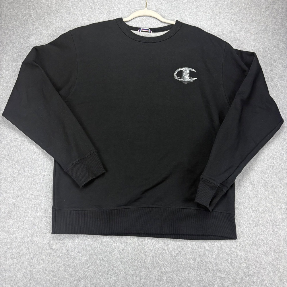 Champion Sweatshirt Mens L Black Embroidered Logo Crewneck Fleece Sporty Casual